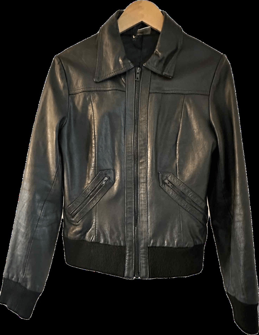 H&M Black 100% Leather Bomber Jacket with Zipper Pockets Size L